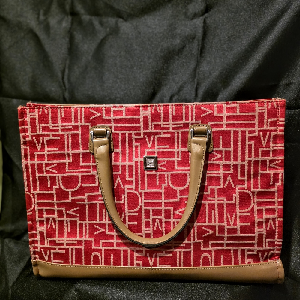 Diane Von Furstenberg Red Logo Jacquard Tote with Tan Trim